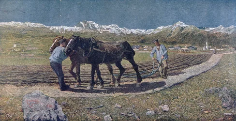 Bauern pflügen ein Feld im Norden Italiens, Illustration aus der Zeitschrift 